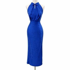 ZAC POSEN 0 Classic halter floral sleeveless viscose 0430 Blue Dress satiny